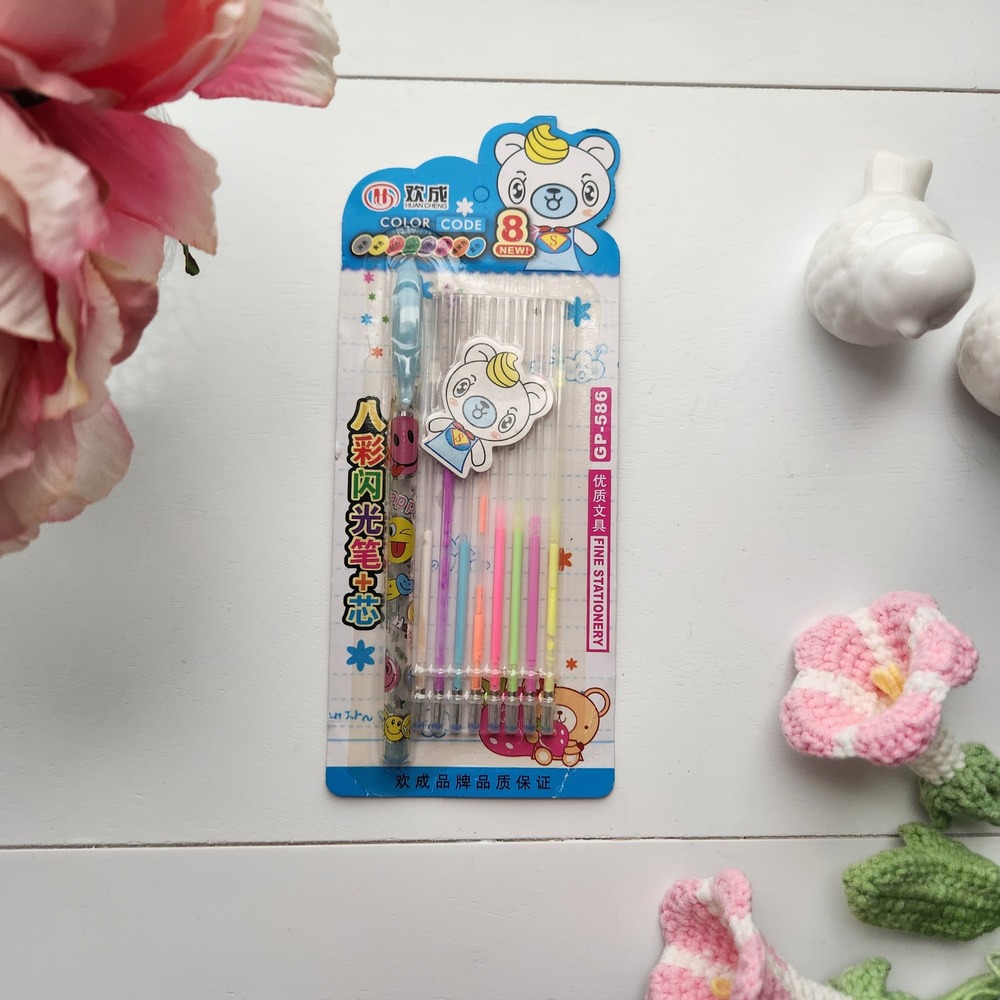 Huan Cheng GP-586 8-Piece Multicolor Gel Pen and Refill Set Emoji Bear Kawaii
